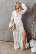 Boho Lace Maxi Dress with Deep V Neck and Flowy Long Sleeves