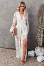 Boho Lace Maxi Dress with Deep V Neck and Flowy Long Sleeves
