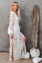 Boho Lace Maxi Dress with Deep V Neck and Flowy Long Sleeves