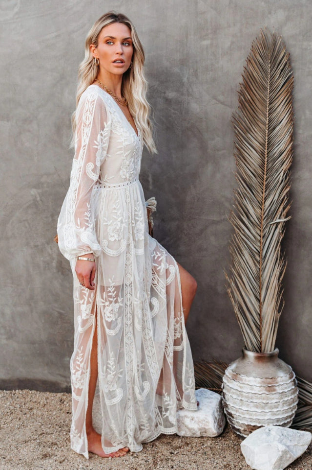 Boho Lace Maxi Dress with Deep V Neck and Flowy Long Sleeves