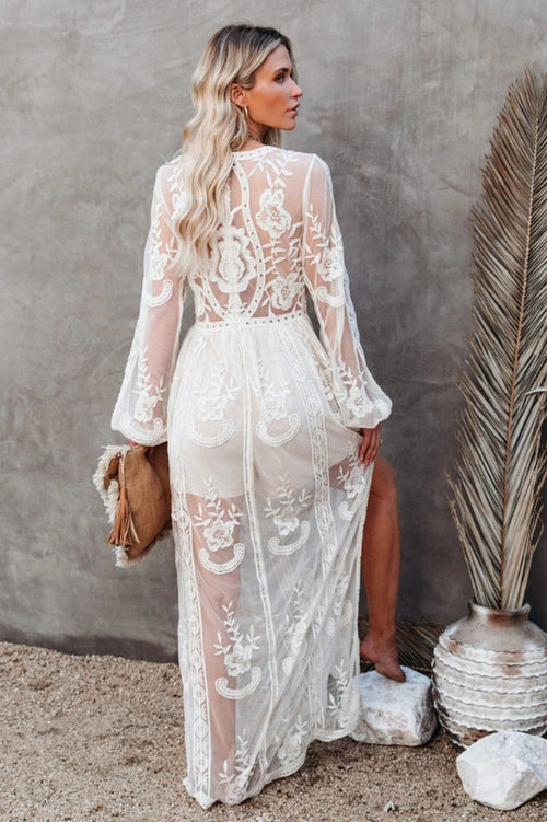 Boho Lace Maxi Dress with Deep V Neck and Flowy Long Sleeves