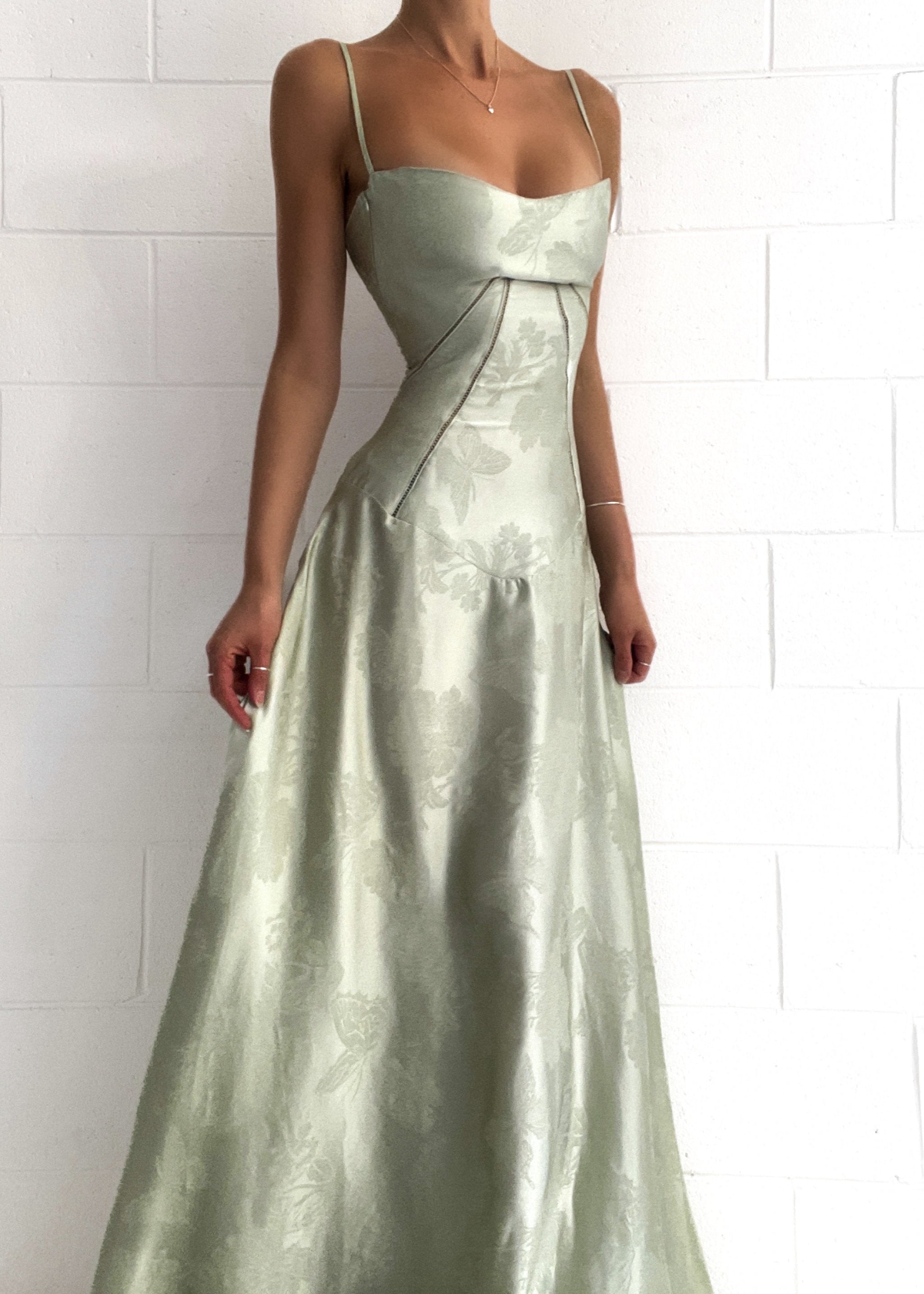 Satin Corset-Back Maxi Dress with Cowl Neck