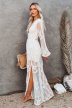 Boho Lace Maxi Dress with Deep V Neck and Flowy Long Sleeves