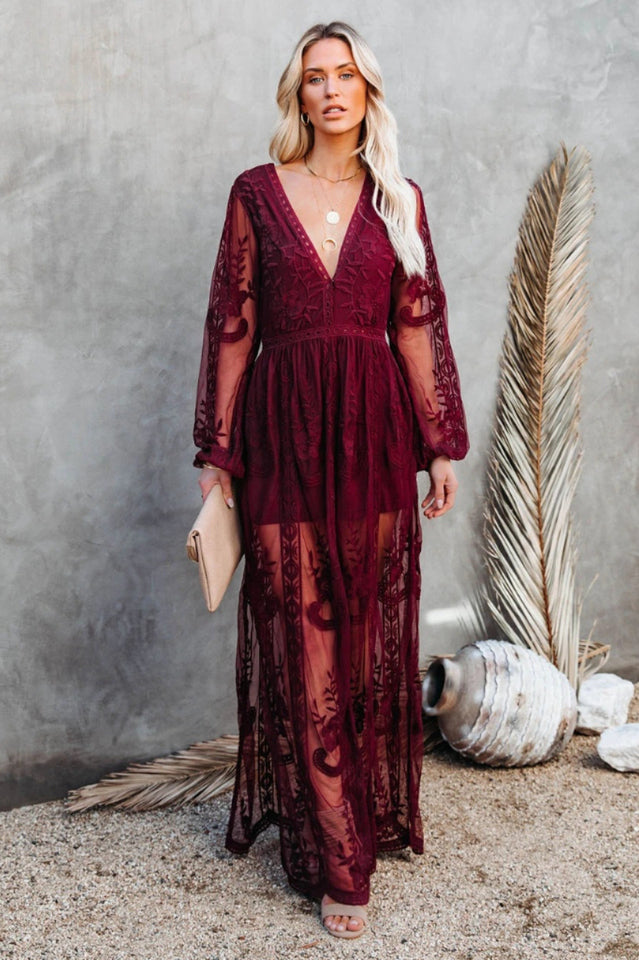 Boho Lace Maxi Dress with Deep V Neck and Flowy Long Sleeves