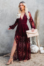 Boho Lace Maxi Dress with Deep V Neck and Flowy Long Sleeves