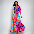 Elegant Printed Wrap Maxi Dress with Flowy A-Line Skirt