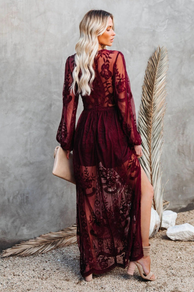 Boho Lace Maxi Dress with Deep V Neck and Flowy Long Sleeves
