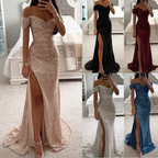 Off-Shoulder Sequin Maxi Gown with High Slit