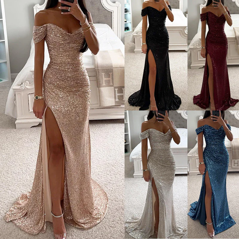 Off-Shoulder Sequin Maxi Gown with High Slit