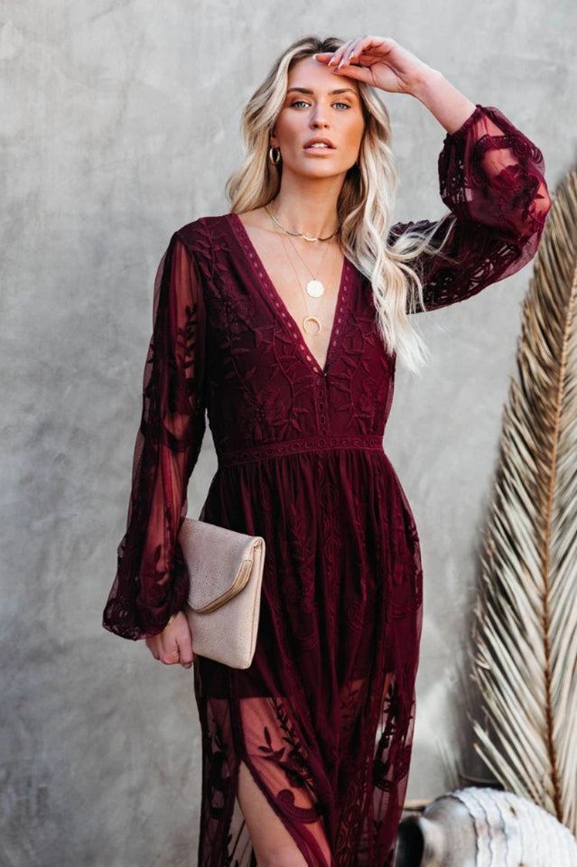 Boho Lace Maxi Dress with Deep V Neck and Flowy Long Sleeves