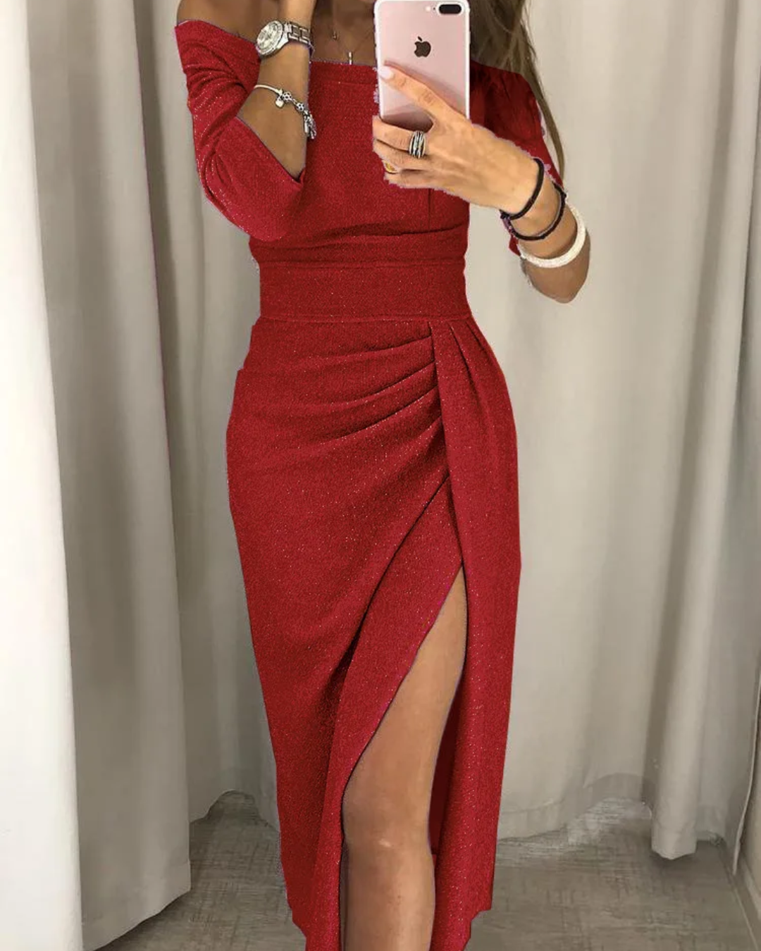 One-Shoulder Shimmer Bodycon Dress with Side Slit