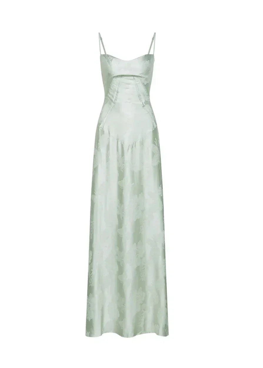 Satin Corset-Back Maxi Dress with Cowl Neck