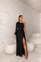 One Shoulder Satin Draped Maxi Evening Dress