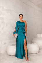 One Shoulder Satin Draped Maxi Evening Dress