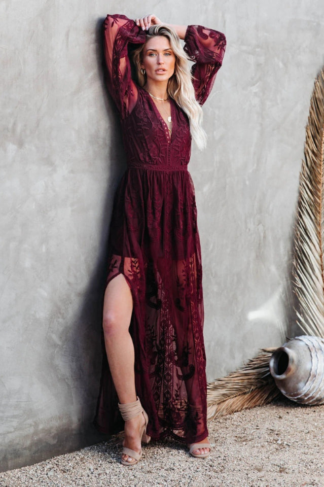 Boho Lace Maxi Dress with Deep V Neck and Flowy Long Sleeves