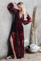 Boho Lace Maxi Dress with Deep V Neck and Flowy Long Sleeves