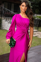One Shoulder Satin Draped Maxi Evening Dress