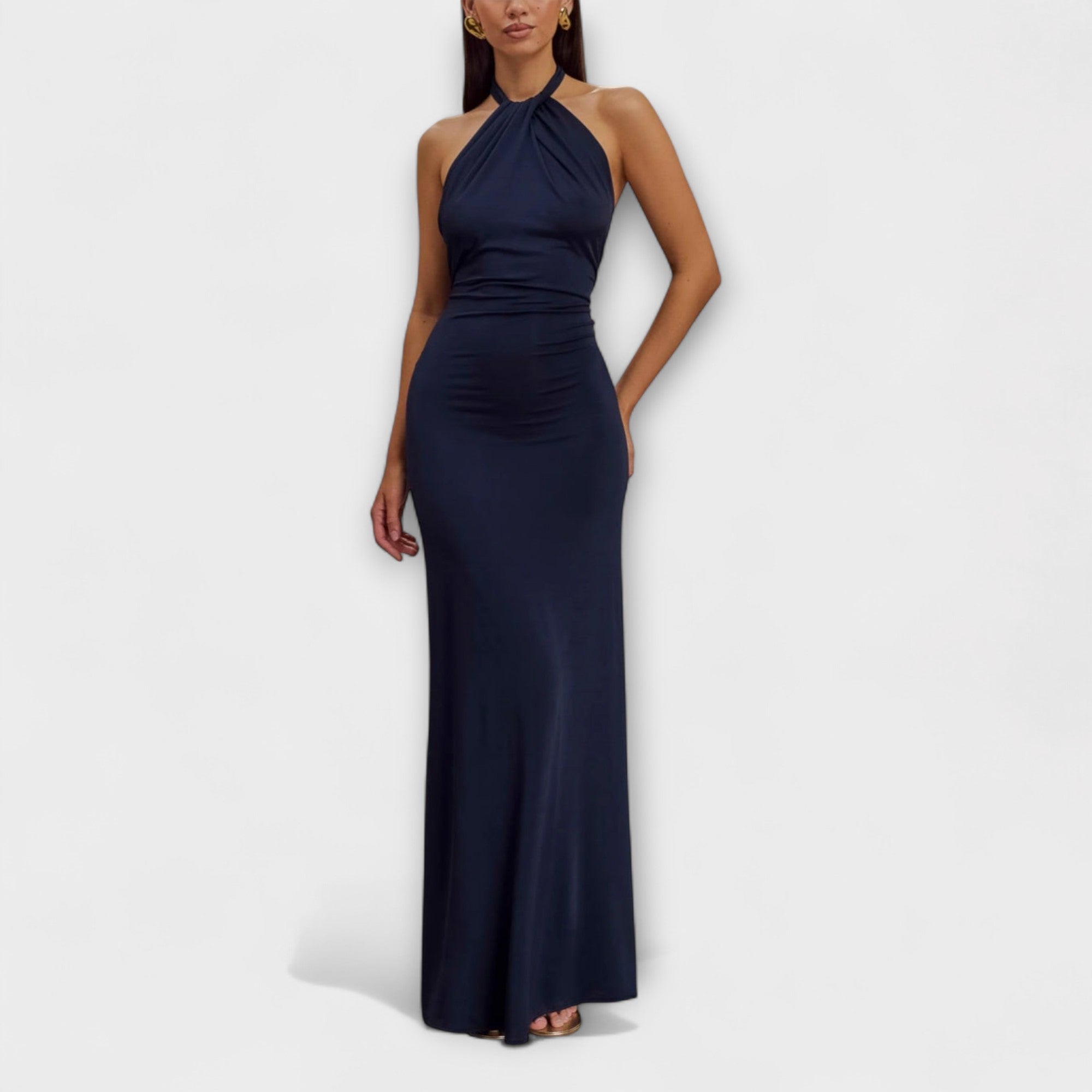 Halter Open-Back Maxi Dress with Ruched Waist