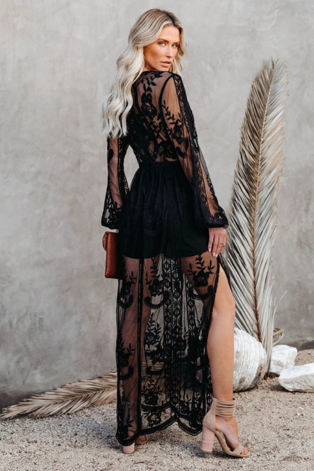 Boho Lace Maxi Dress with Deep V Neck and Flowy Long Sleeves