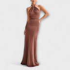 Halter Open-Back Maxi Dress with Ruched Waist