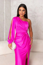 One Shoulder Satin Draped Maxi Evening Dress