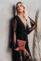 Boho Lace Maxi Dress with Deep V Neck and Flowy Long Sleeves