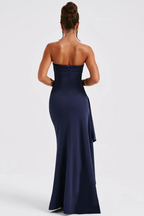 Elegant Strapless Ruched Maxi Dress with High Slit