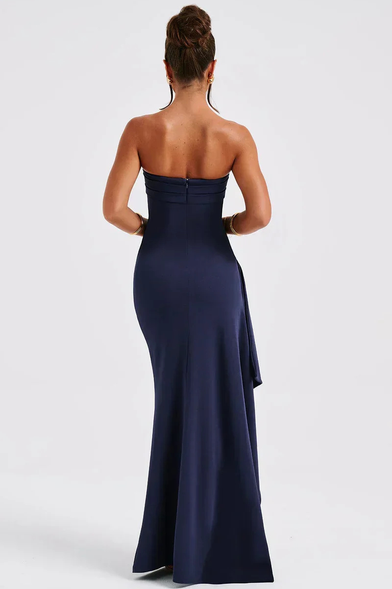 Elegant Strapless Ruched Maxi Dress with High Slit