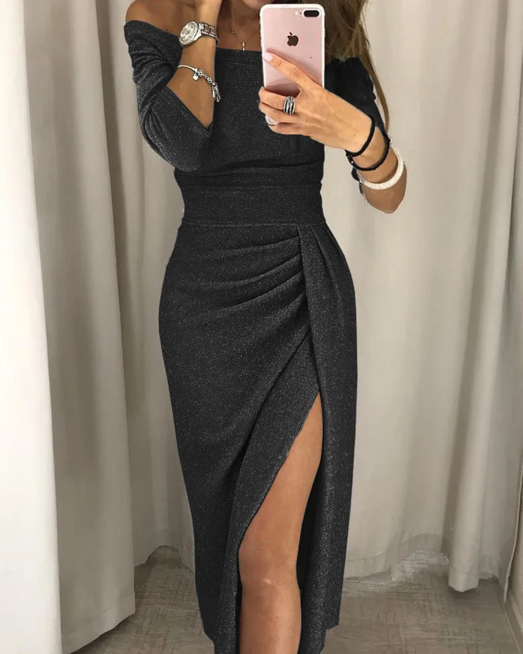 One-Shoulder Shimmer Bodycon Dress with Side Slit