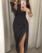 One-Shoulder Shimmer Bodycon Dress with Side Slit