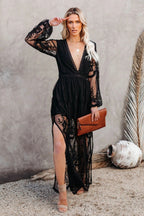 Boho Lace Maxi Dress with Deep V Neck and Flowy Long Sleeves