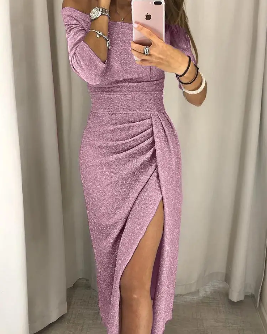 One-Shoulder Shimmer Bodycon Dress with Side Slit