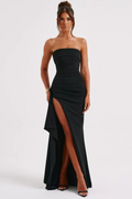 Elegant Strapless Ruched Maxi Dress with High Slit