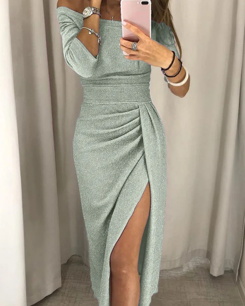 One-Shoulder Shimmer Bodycon Dress with Side Slit