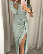 One-Shoulder Shimmer Bodycon Dress with Side Slit