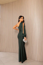 One Shoulder Satin Draped Maxi Evening Dress