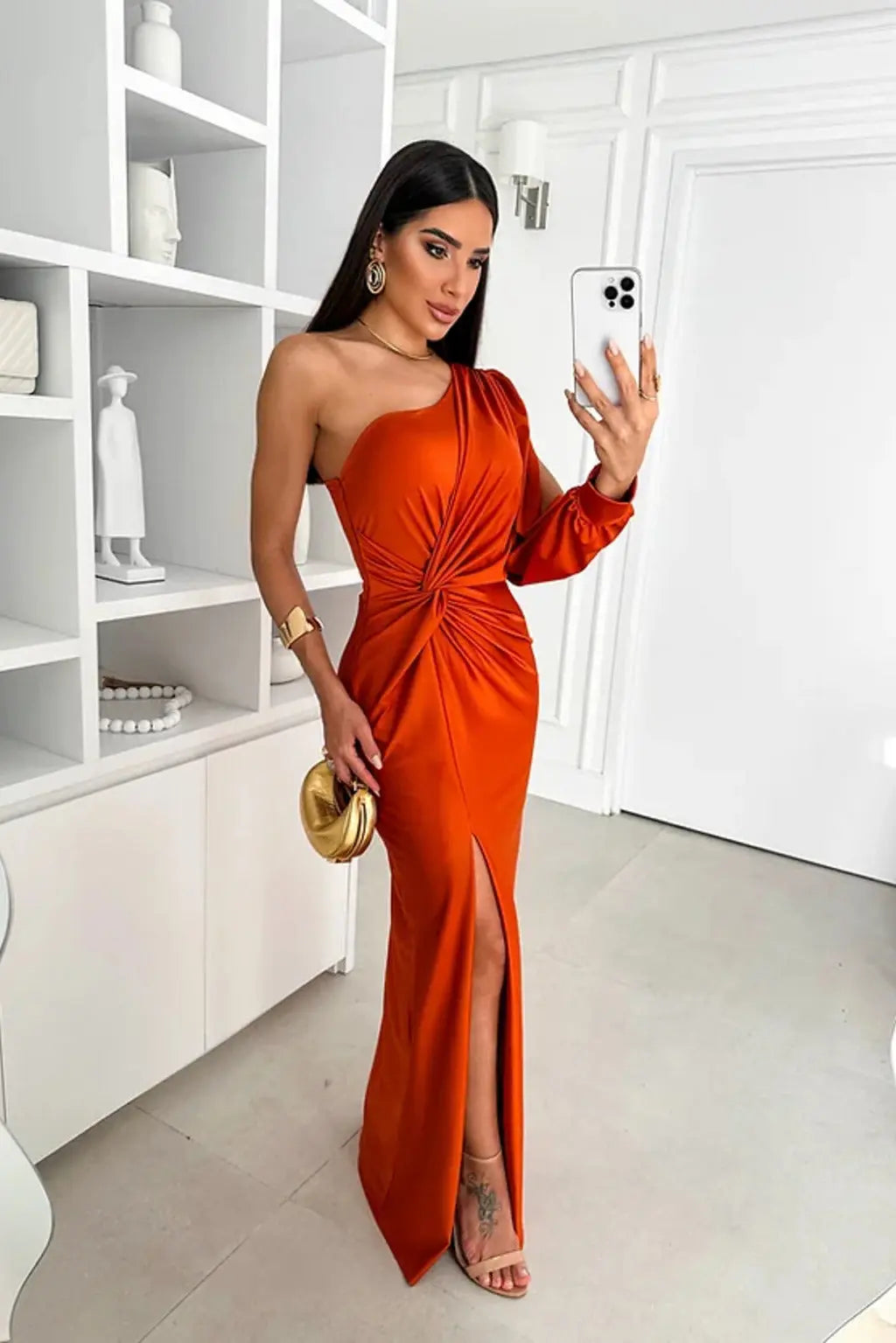 One Shoulder Satin Draped Maxi Evening Dress