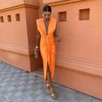 Draped Sleeveless Midi Dress with Deep V Neck and Front Knot