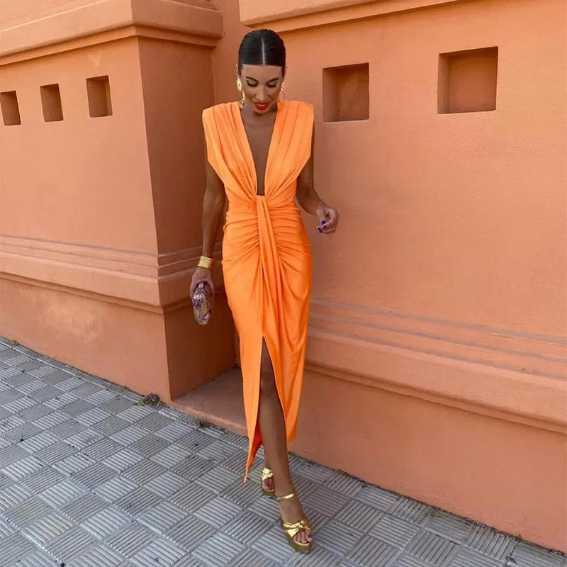 Draped Sleeveless Midi Dress with Deep V Neck and Front Knot