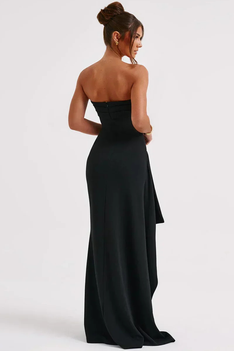 Elegant Strapless Ruched Maxi Dress with High Slit