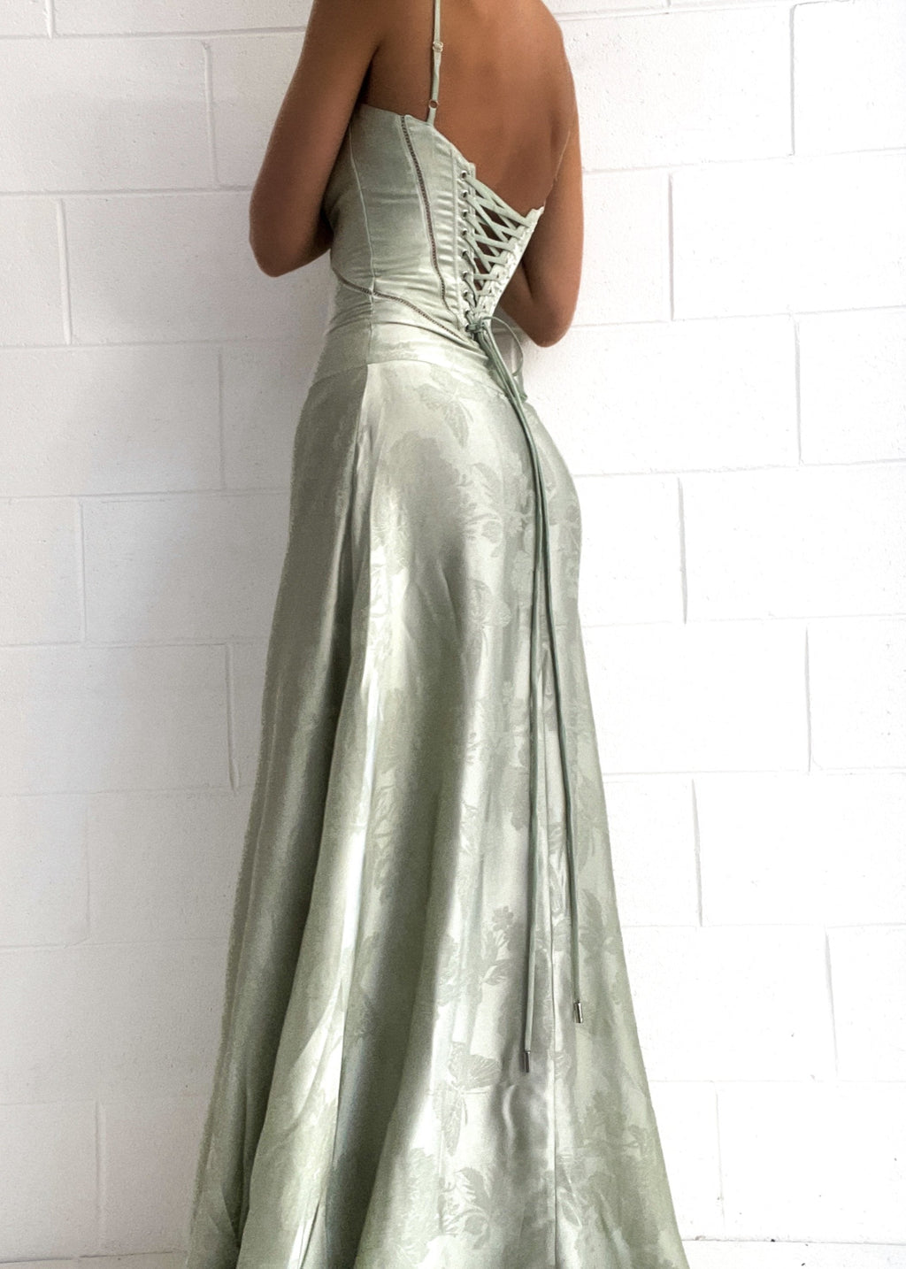 Satin Corset-Back Maxi Dress with Cowl Neck