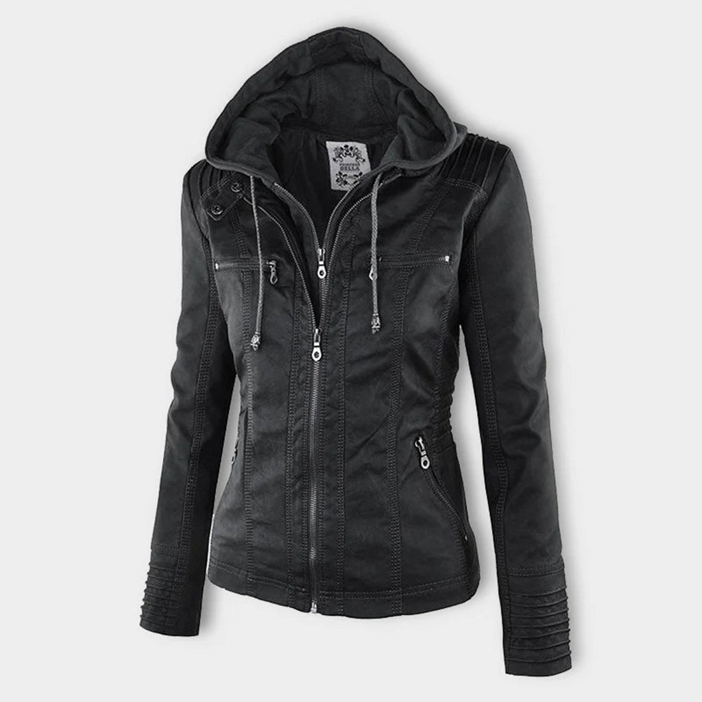 Women’s Faux Leather Hooded Moto Jacket – Slim Fit Zip-Up Outerwear