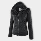 Women’s Faux Leather Hooded Moto Jacket – Slim Fit Zip-Up Outerwear