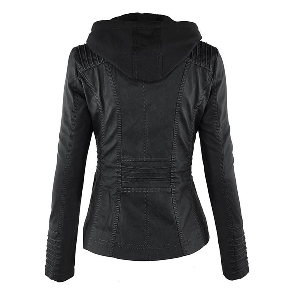 Women’s Faux Leather Hooded Moto Jacket – Slim Fit Zip-Up Outerwear