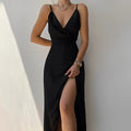 Satin Cowl Neck Spaghetti Strap Maxi Dress with High Slit