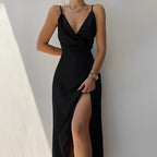 Satin Cowl Neck Spaghetti Strap Maxi Dress with High Slit