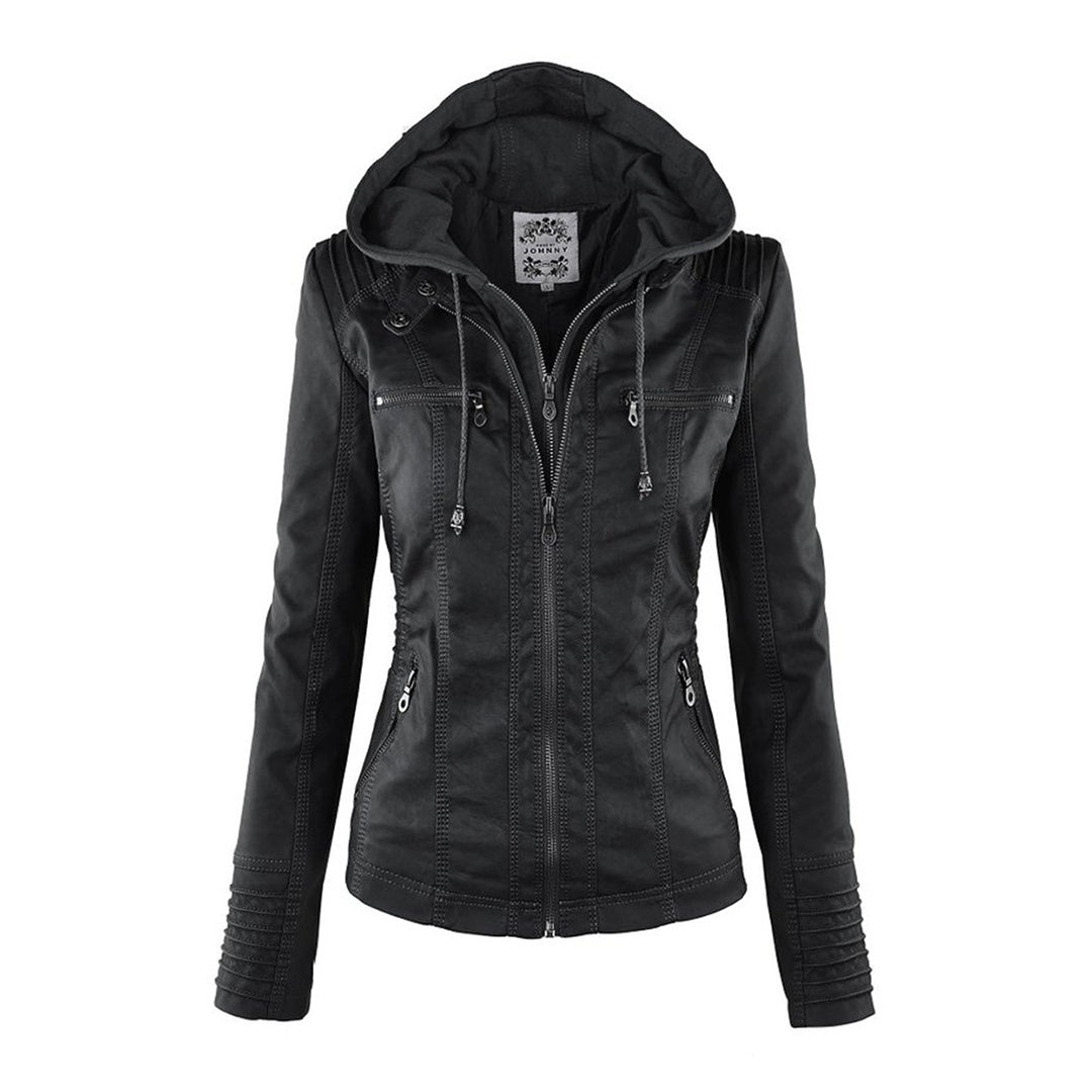 Women’s Faux Leather Hooded Moto Jacket – Slim Fit Zip-Up Outerwear