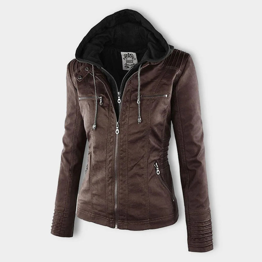 Women’s Faux Leather Hooded Moto Jacket – Slim Fit Zip-Up Outerwear
