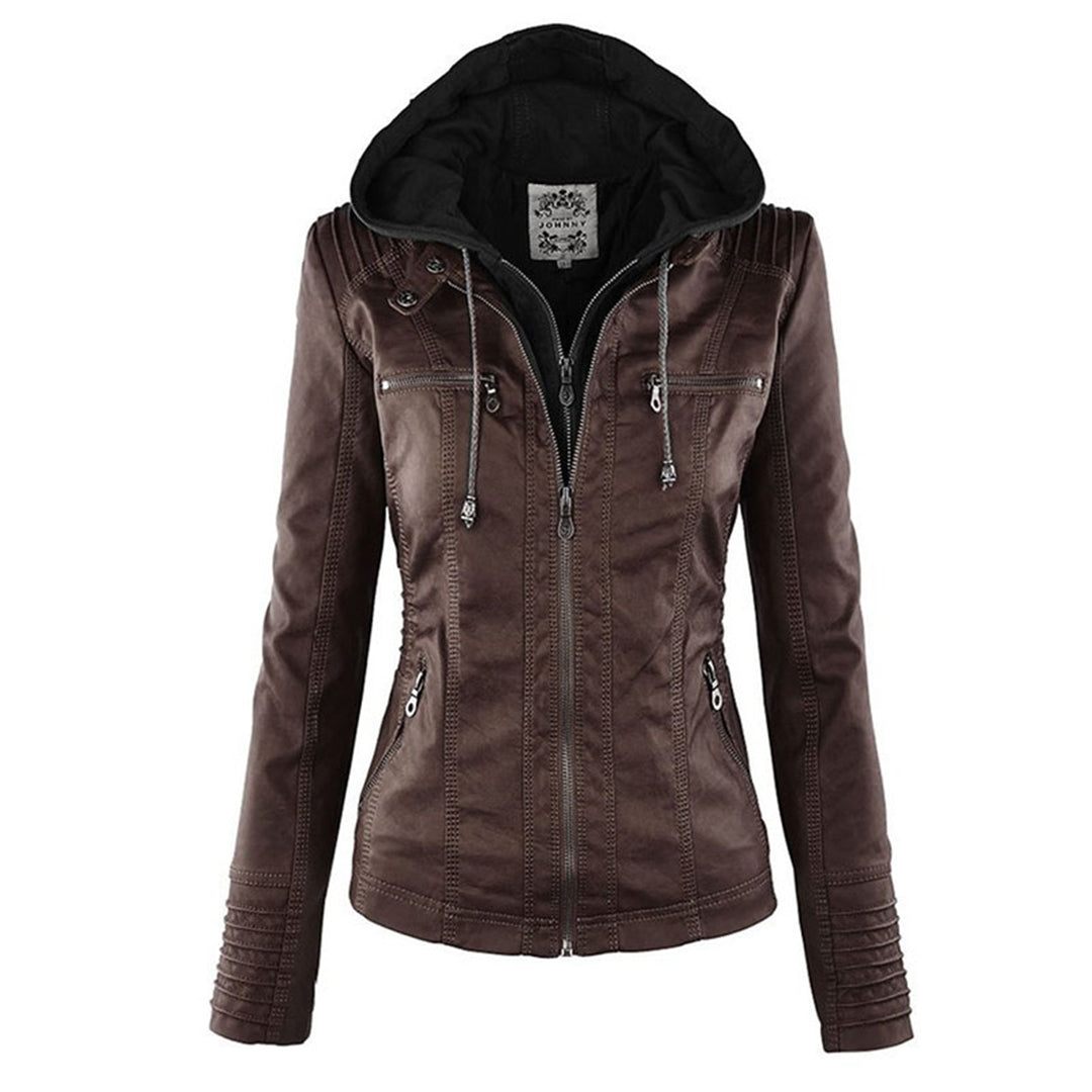 Women’s Faux Leather Hooded Moto Jacket – Slim Fit Zip-Up Outerwear