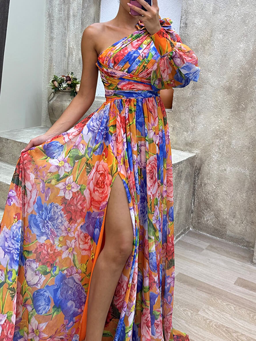 One-Shoulder Floral Chiffon Maxi Dress with High Slit